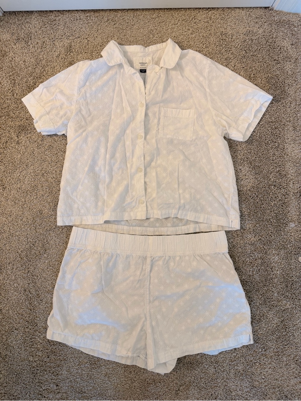 White Pajama Set - Lightweight Button-Up Top & Elastic Waist Shorts